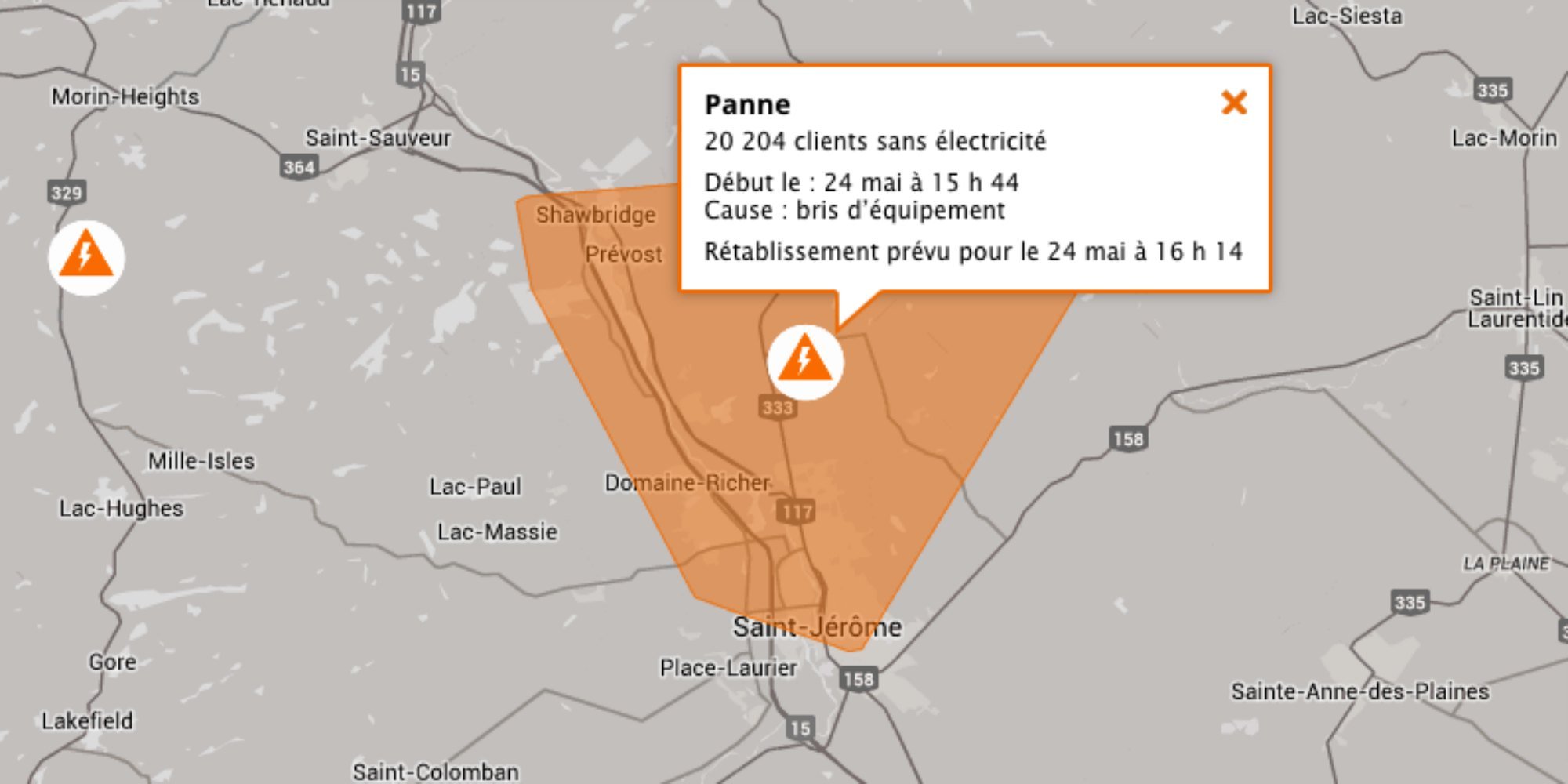 Sur le site d'Hydro-Québec, on indiquait que plus de 20000 clients n'avaient pas d'électricité à 15h44.